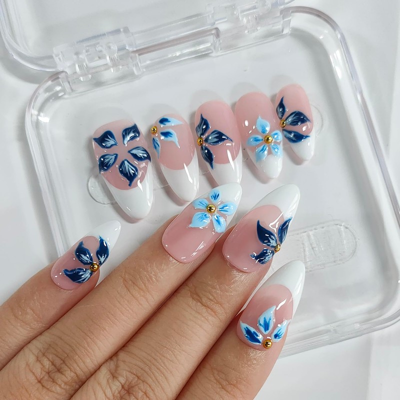 Handmade Press on Nails Almond Medium 3D Floral White French