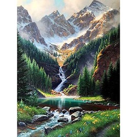 LELEMON Mountain Landscape Diamond Painting Kit for Adults 5D DIY Full Round Drill Rhinestone Embroidery Nature Waterfall Paint Art for Summer Scenery 16x12IN