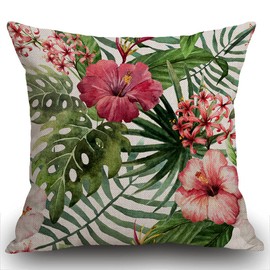 Smooffly Throw Pillow Case Watercolor Tropical Floral Pattern Cushion Covers 18x18 inch Linen Square Throw Pillow Cover for Living Room Sofa Couch Bed Pillowcase 45cm x 45cm