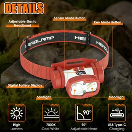 BOBKID Rechargeable LED Headlamp Flashlight, 1500 Lumen Headlight with 9 Modes, Motion Sensor Head Lamp Camping Essentials Gear, Waterproof Head Light Flashlight for Hiking, Fishing, Cycling, Red