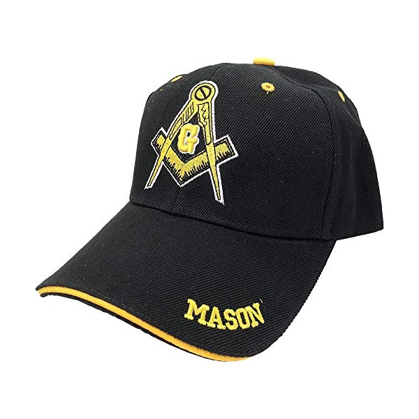 AborenCo Freemason Mason Lodge Symbol Adjustable 3D Embroidery Baseball Cap Hat (Black & Yellow Trim)