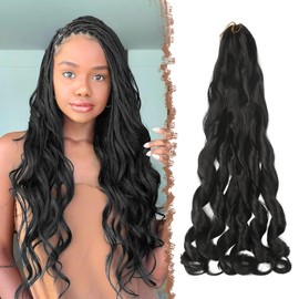 FESHFEN French Curls Braiding Hair Crochet Braids Extension 3 Packs Schwarz Loose Wave Bouncy Haarverlängerung Locken Kunsthaar Einflechten Pre Stretched Braided Extensions für Frauen, 60 cm 1B#