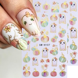 6 Sheets Halloween Nail Art Stickers Colorful Pumpkin Ghost Nail Decals Gold Foil Edge Nail Art Design Manicure Sliders Cute 3D Self-Adhesive Halloween Nail Supplies for Women Girls Nail Decoration