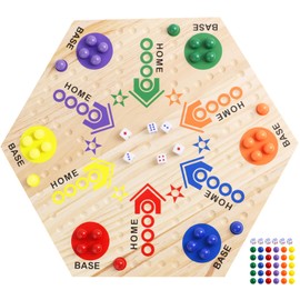 Marble Board Game, Double-Sided Wooden Board Game with 30 Marbles & 6 Dice, Colorful Wahoo Marble Ludo Game Kit for 2-6 Players