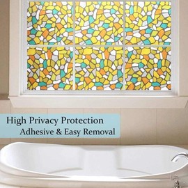 CVANU Privacy Window Film Printed Yellow Flower Window Frosting Film Window Sticker Window Cling Frosted Vinyl Sheets for Front Door/Bathroom/Sidelight/Small Windows, 12''x100''