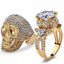 Ringcrown Couple Rings Matching Ring Skull Ring Bridal Sets AAA CZ Womens Wedding Ring Sets Gold Plated Man Wedding Bands, crystal Metal rhinestone stone, Cubic Zirconia,