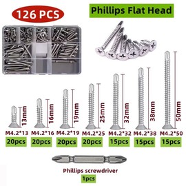 SYDARSYN 126 Pieces M4.2 Self-Tapping Stainless Steel Self Drilling Screw Phillips Flat Head Tek Screws Drilling Screws Kit Set