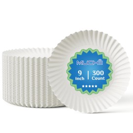 MUCHII 300 Count 9 Inch Paper Plates, Disposable Dinner Plates Bulk, White Plate Uncoated for Parties, Catering, Picnics, and DIY