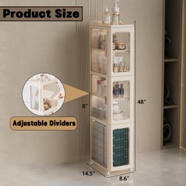 Tinaforld 3-Way Opening Tall Narrow Storage Cabinet, Bathroom Organizers with Wheels, Anti-Tip Slim Storage Cabinet with Adjustable Shelves for Kitchen Toilet(3-Tier)