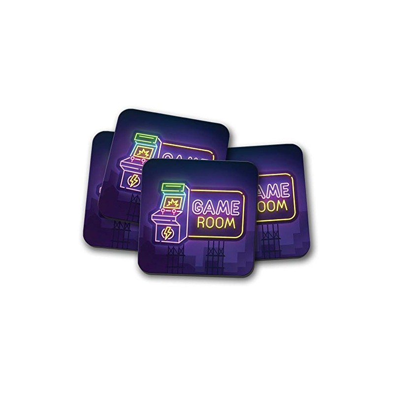 4 Set - Neon Game Room Sign Coaster - Arcade