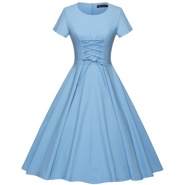 GownTown Vestidos vintage de los años 50, manga corta, vestido de cóctel con bolsillos, Azul claro, L