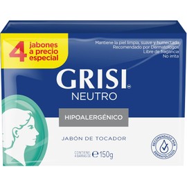 GRISI, Cuadripack Jabón Neutro Limpia y suaviza la piel Pack de 4 barras de 150 gr c/una.