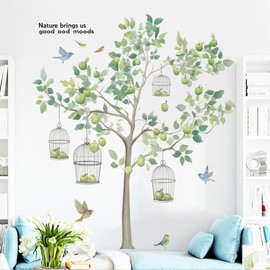 Condessacity Wall Sticker Tree Summer Green Birdcage Stylish Apple Tree Wall Sticker Large Leaves Wallpaper Removable Scandinavian Wall Paper Waterproof Wall Sticker Decoration Living Room Bedroom
