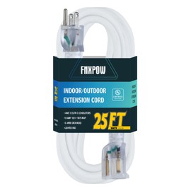 FNXPOW 25 ft Lighted Outdoor Extension Cord - 12/3 SJTW Heavy Duty White Extension Cable with 3 Prong Grounded Plug - 15AMP Power Cord for Lawn, Garden, Appliances