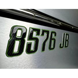 3D Lettering Boat Registration Stickers - Domed Carbon Fiber Numbers with Green Trim