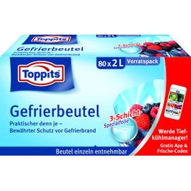 Toppits Gefrierbeutel Vorratspack, 2 Liter, 80 Stück, Standboden, Transparent