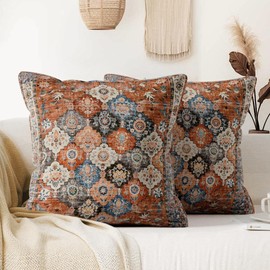 XPHZZL Pack of 2 Bohemian Style Linen Decorative Cushion Covers 50x50 cm Square Throw Pillow Covers 20x20 Inch Boho Style Pillowcases for Outdoor Home Decor Sofa Bedroom Car - Flower Orange