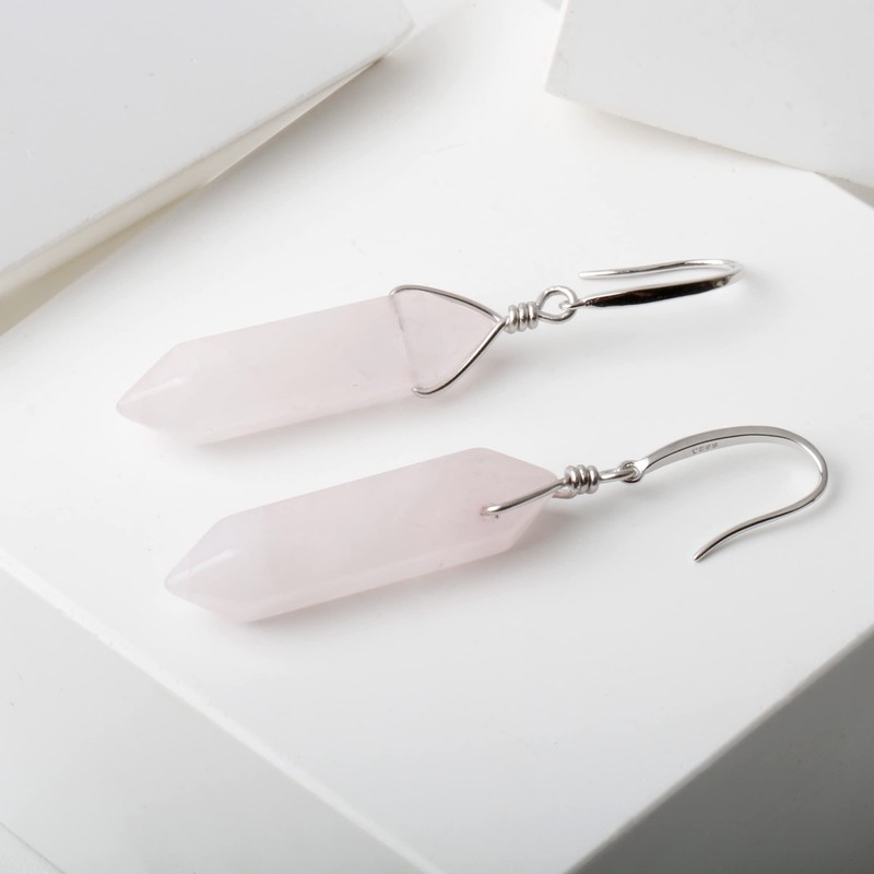 White Gold Plated Sterling Silver Wire Wrapped Natural Rose Quartz