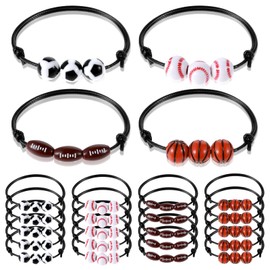 LLOUSSAK 24Pcs Sports Party Favors, Adjustable Sports Bracelets, Soccer Basketball Baseball Football Bracelet Wristbands, Sports Birthday Party Beaded Charms Favors for Team Adults Gifts