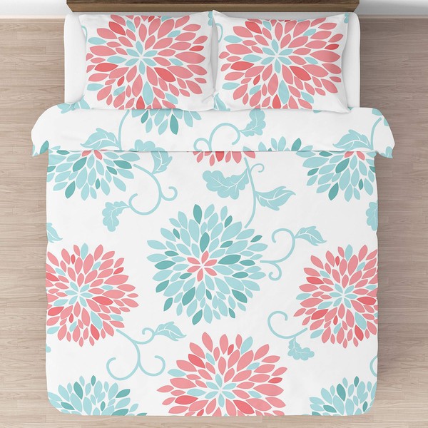 Turquoise and Coral Emma 3 Piece Childrens, Teen, Kids Modern Full/Queen Bedding Set Collection