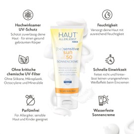 Hautlliebst Sun Cream SPF 50, 100 ml, No Critical Chemical UV Filters, No Octocrylene, Waterproof, No Gluing and White Effect, Fragrance-Free and Vegan