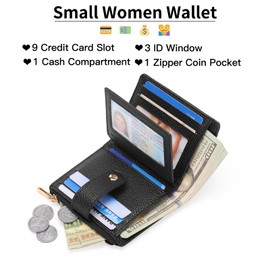 GOIACII Women's Small Purse Women's Leather RFID Blocking Slim Wallet Small and Short Format Wallet for Women with Zip Coin Compartment, A01-black., Minimalist