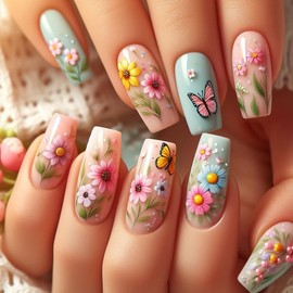 Medium Press on Nails Coffin Shape Spring Fake Nails with Daisy Butterfly Designs Colorful Flower False Nails Glossy Full Cover Stick on Nails Gel Glue on Nails Medium Stick on Nails for Women 24PCS