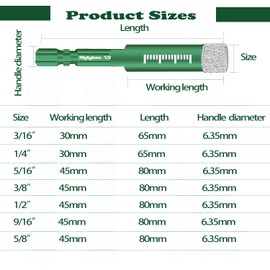 Mgtgbao 10pc Green Dry Diamond Drill Bits Set，5pc 3/16’’ 5mm & 5pc 1/4’’ 6mm Core Drill Bit for Porcelain Tile Ceramic Concrete Granite Marble Hard Materials (not for Wood)