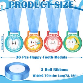 Loetere 36 Pcs Happy Tooth Medals with Ribbon Teeth Reward Commemorative Medals Dental Clinic Giveaways Kids Teeth Change Souvenir Dentistry Dentist Gifts for Lost Tooth Kids Protect Teeth