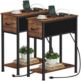 Vagusicc End Table Set of 2 with Charging Station, Narrow Side Table Nightstand with Fabric Drawer, Slim Nightstand for Bedroom, Small Bedside Table, Slim Side Table for Small Spaces, Rustic Brown