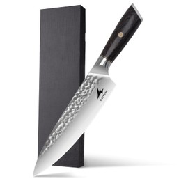 HAZMUSS Professional Hammered Chef Knife, 8 Inch High Carbon Stainless Steel Blade, Essential Sharp Kitchen Knive for Home - Chopping, Dicing, Slicing, Ergonomic Pakkawood Handle