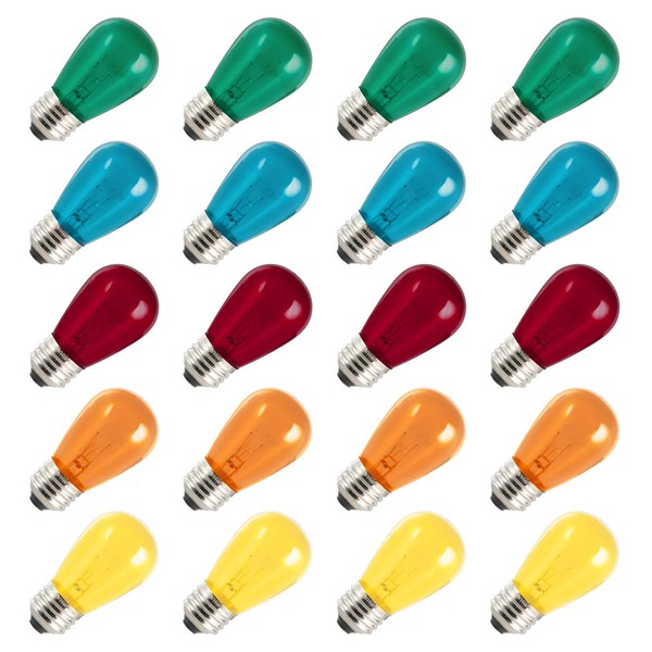 Pack of 20 pcs S14 Multicolored Replacement Glass Bulbs – 11 W E26 Bubs for Commercial Grade Outdoor Patio Yard Holiday Decoration Vintage String Lights