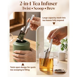 HOUSE AGAIN Tea Infuser for Loose Leaf Tea, 2-in-1 Tea Scoop & Rotating Opening 304 Stainless Steel Extra Fine Mesh Tea Strainer, Easy Fill Reusable Single Cup Tea Steeper