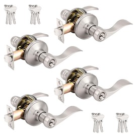 Probrico (4 Pack Wave Style Keyed Alike Entry Levers, Keyed Reversible Door Handles with Lock and Same Keys, Exterior Interior Entry Locks in Satin Nickel Finish
