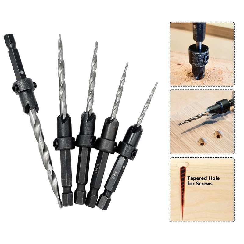Saipor 5pcs Wood Tapered Countersink Drill Bit Set Hex Shank