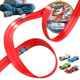 Flexible Toy Car Track, Race Track Toy with 4 Diecast Cars and Storage Bag, Roll Up Car Ramp Track with Suction Cups, Attach to Windows Doors for Bumps Jumps Tunnels Loops