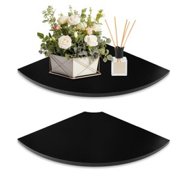 JJL Corner Shelf Wall Mounted, 12-Inch Sector Wood Floating Corner Shelves with Wire Hole, Set of 2 Circular arc Corner Shelf for Bedroom Corner Decoration, Black