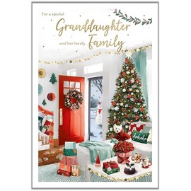 Granddaughter and Her Family Christmas Card - Special Finishes - Cosy Decorated Lounge and Dog - Artistic Festive Design - Illustrated Insert Leaf - Made in the UK - Eco-Friendly