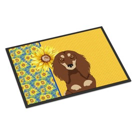 Caroline's Treasures WDK5388MAT Summer Sunflowers Longhair Chocolate and Cream Dachshund Doormat 18x27 Front Door Mat Indoor Outdoor Rugs for Entryway, Non Slip Washable Low Pile, 18H X 27W