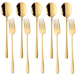 10Pcs Flatware Sets, Gold Spoons and Forks Set, Stainless Steel Dinner Spoons and Dinner Forks, Services for 5