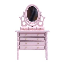 Miniature Dollhouse Vanity Table 1 12 Furniture Makeup Dressing Table with Mirror and 4 Drawers Mini House Accessories Bedroom Living Room Scene Decoration (Pink)