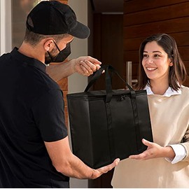 Adalex Global 16L Insulated Reusable Grocery Shopping Bag, Shopping Tote with Zippered Top for Hot and Cold Food Transport, Cooler Bag for Picnic Wine, Stands Upright (30x18x30cm 16L Black)