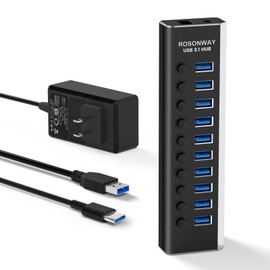 Rosonway Concentrador USB con alimentación, 10 Puertos USB 3.1/3.2 Gen 2 Hub 10Gbps con Adaptador de Corriente de 36W (12V/3A), Cables Tipo A y Tipo C, Divisor de Aluminio USB C para PC y portátil