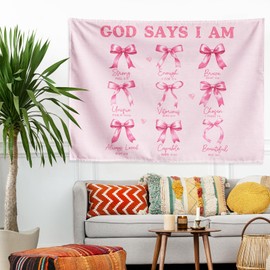 FYSUIMU Pink Bow Tapestry Christian Bible Verse Decorative Wall Hanging Blanket Coquette God Says I Am Wall Art Room Decor for Home Bedroom College Dorm Supplies, 36 x 48 Inch