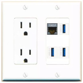 Wall Plate City CAT7 3 USB-3 Port Wall Plate w/Power Outlet White