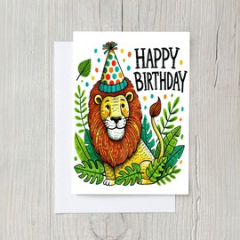 PICTURE THIS PRINTS Cute Lion Birthday Celebration, Jungle Animal Card for Kids or Adults, Safari Animal Birthday Card, Animal-Themed Milestone for Toddler, Comes with Envelope (5x7”)