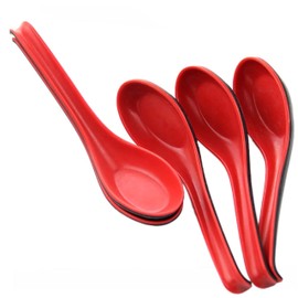 Xrten 5 Pcs Chinese Red and Black Melamine Noodle Soup Spoons with long handle (17 x 4 x 1.2cm)