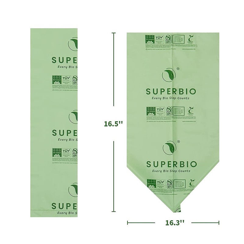 SUPERBIO 2.6 Gallon Compostable Flat Top Garbage Bags, 100 Count,