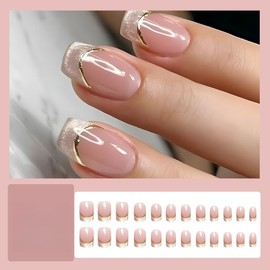 KQueenest Glitter Gold French Tip False Nails Short Medium Square, Natural Nude Press on Nails with Gold Lines Design, Glossy Bling Sparkle Acrylic Fake Nails Press ons for Women Daily Wear 24 Pcs
