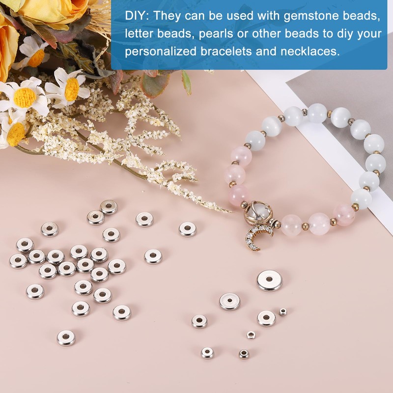 sourcing map 100 Pcs Stainless Steel Spacer Beads, 4mm Flat